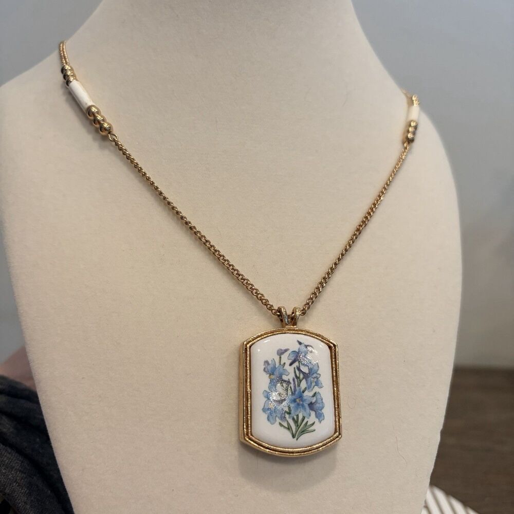 Vintage Avon Heritage Floral Porcelain Pendant Necklace, Blue Larkspur July